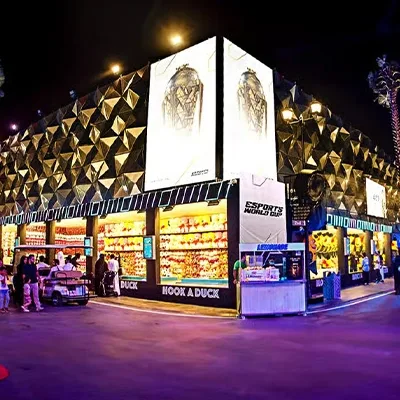 Evolution Scenic climate dialogue entrance installation with timeline walls, flags and central LED screen