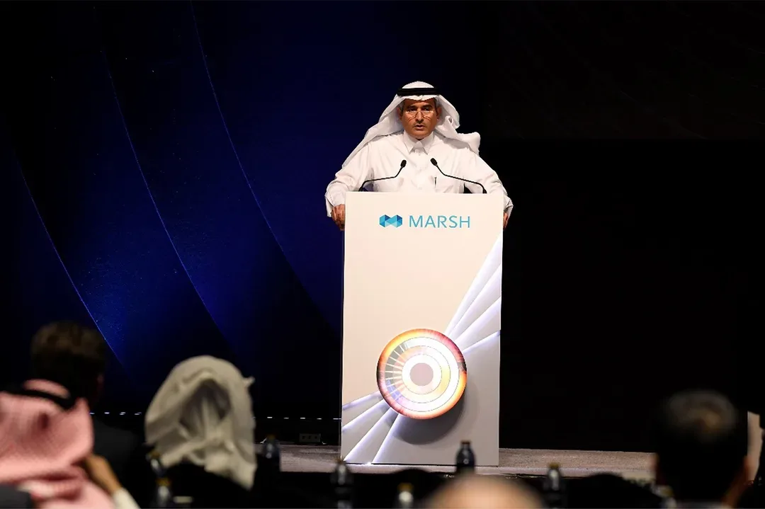 CEO speech at a conference with a custom lectern.