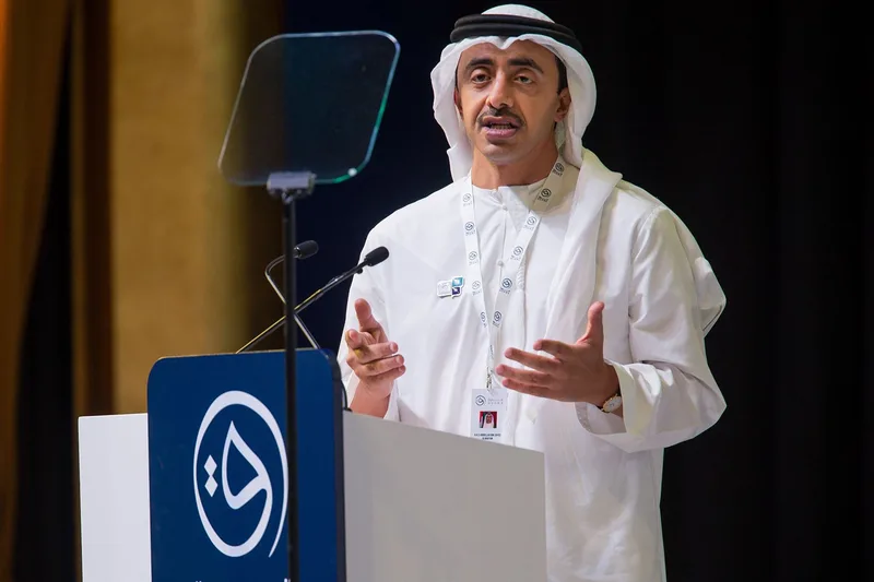 Emirati keynote speaker addressing educators from the branded Qudwa lectern