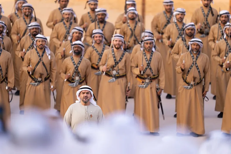 Traditional Emirati performers assembled during the Al Wathba Tribal Parade 2024 opening ceremony in Abu Dhabi