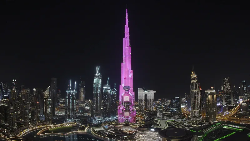 Burj Khalifa illuminated in pink with Victoria’s Secret Bombshell Oud projection during the Dubai launch
